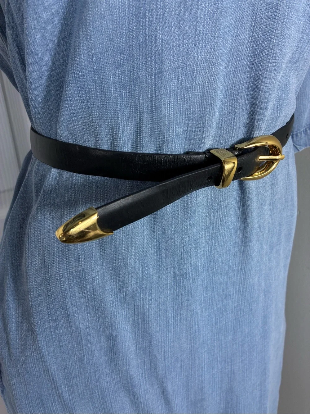 Womens belt 41” long Classic Black Faux Leather with Gold Buckle